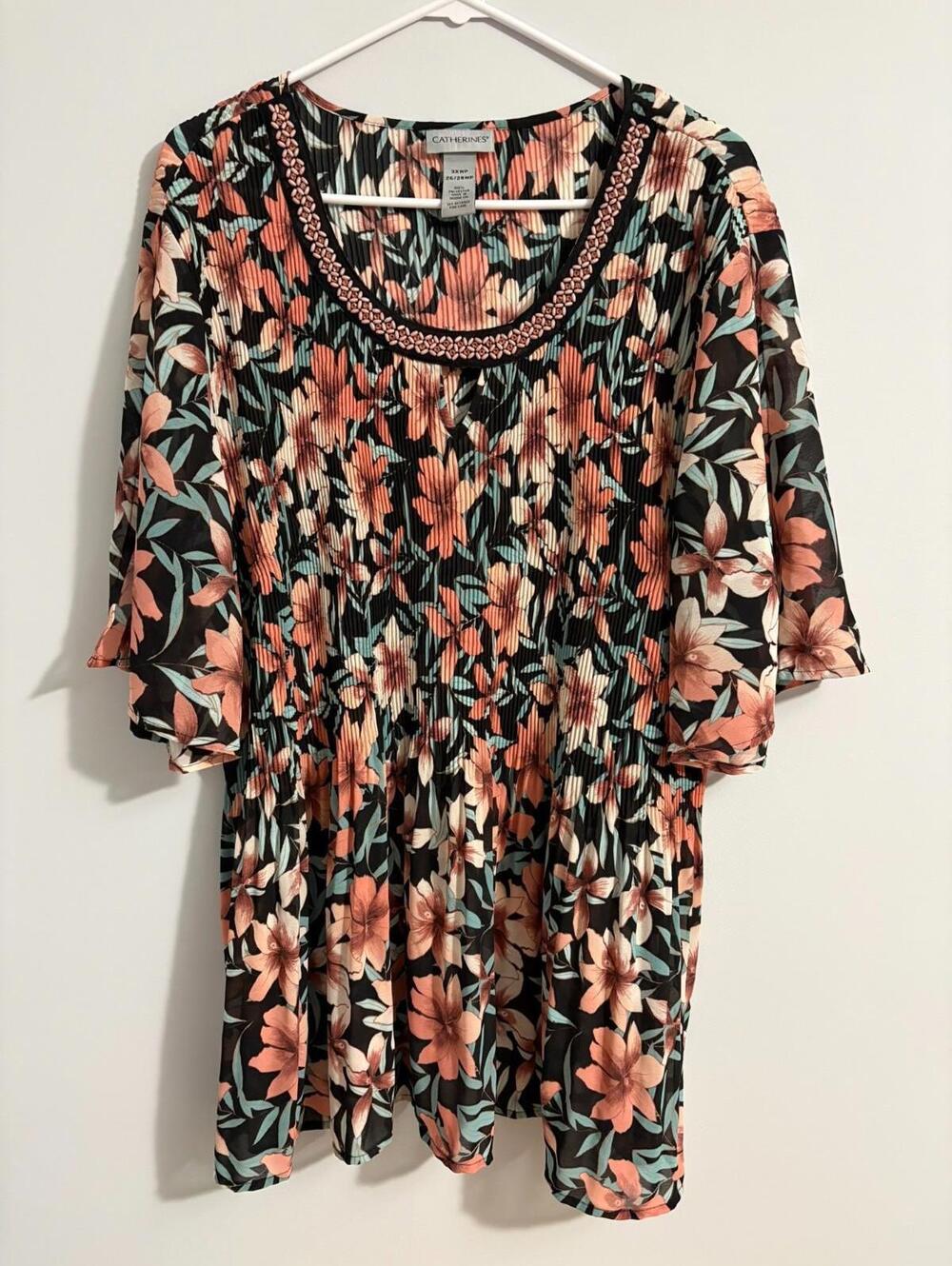 Catherines Floral Keyhole Beaded Crinkle Pleated Tunic Top Womens Plus Size 3X
